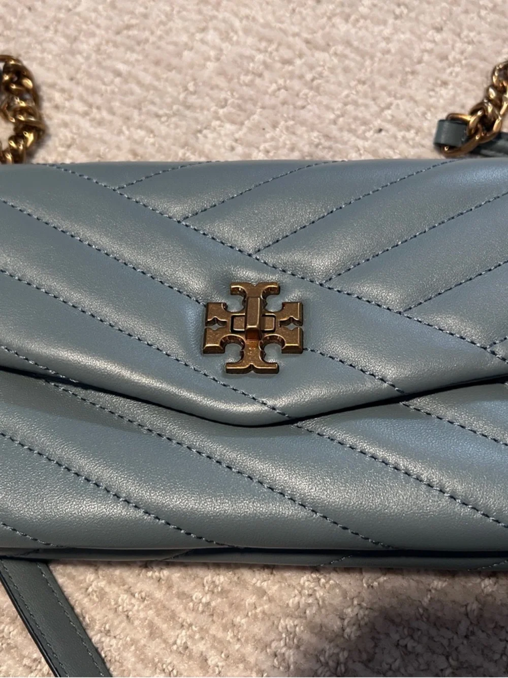 Tory Burch Quilted Slate Blue Leather Chain-strap Crossbody with Gold Logo - Picture 3 of 16